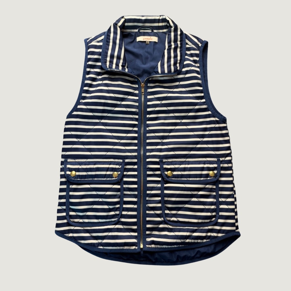 Pomelo Quilted Vest Size S Striped Full Zip Pockets Polyester Navy White